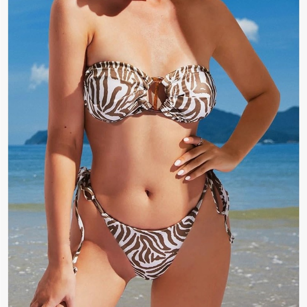 Bandeau Bikini O Ring Strapless High Cut Two Piece Swimsuit Bathing Suit